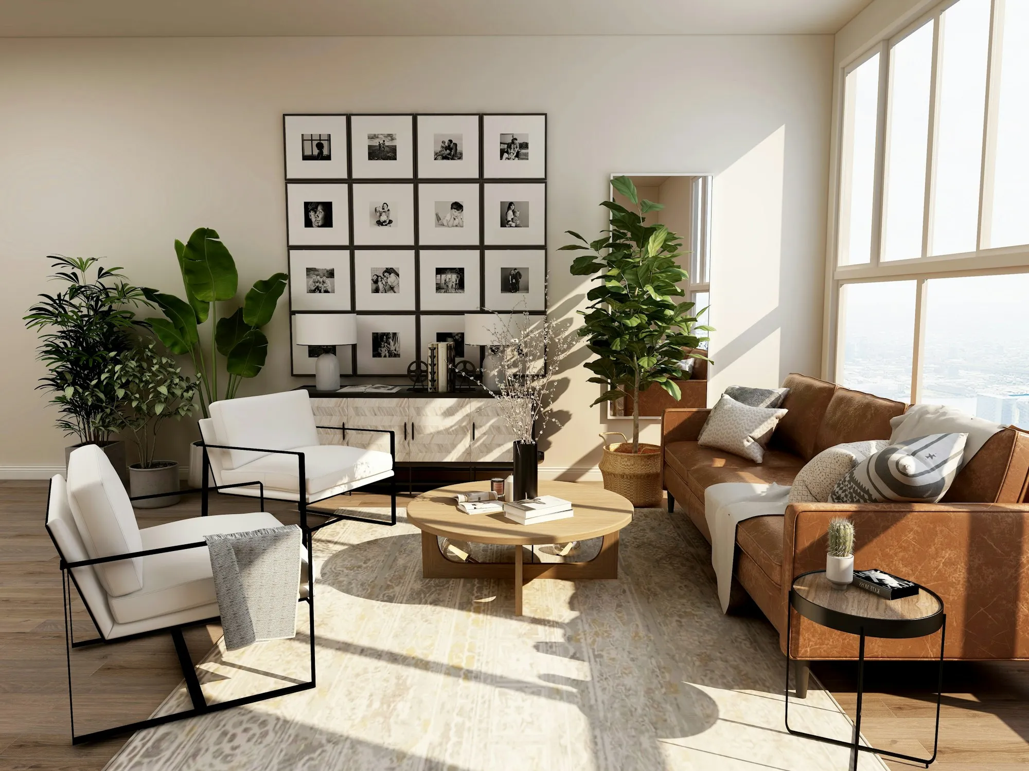 Living luminoso con materiales naturales y amplios ventanales.